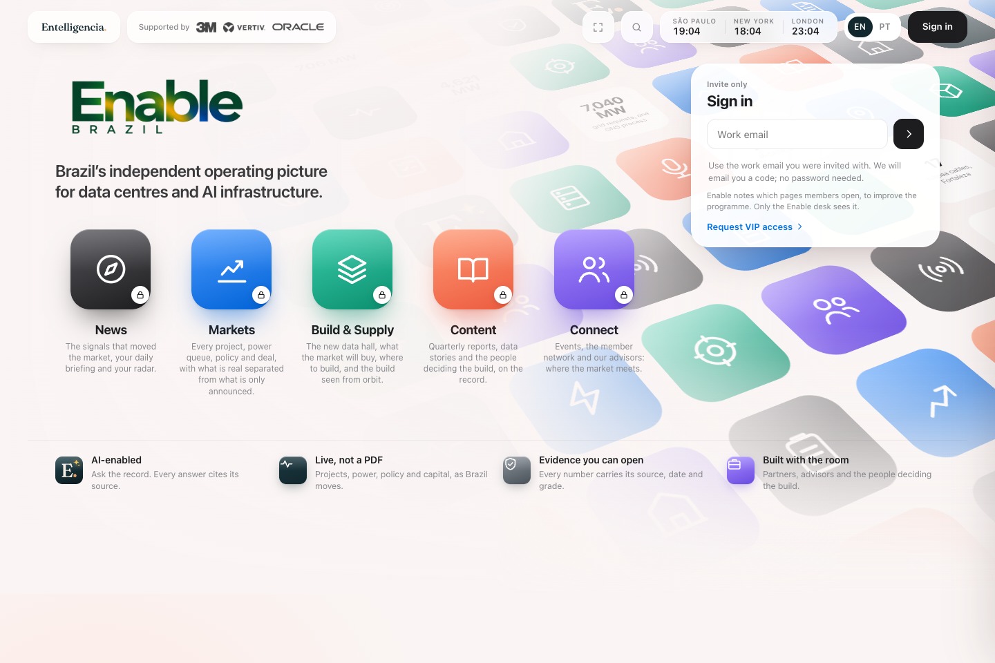 Enable Brazil app: News, Markets, Build & Supply, Content and Connect, with email sign-in and a Request VIP access option