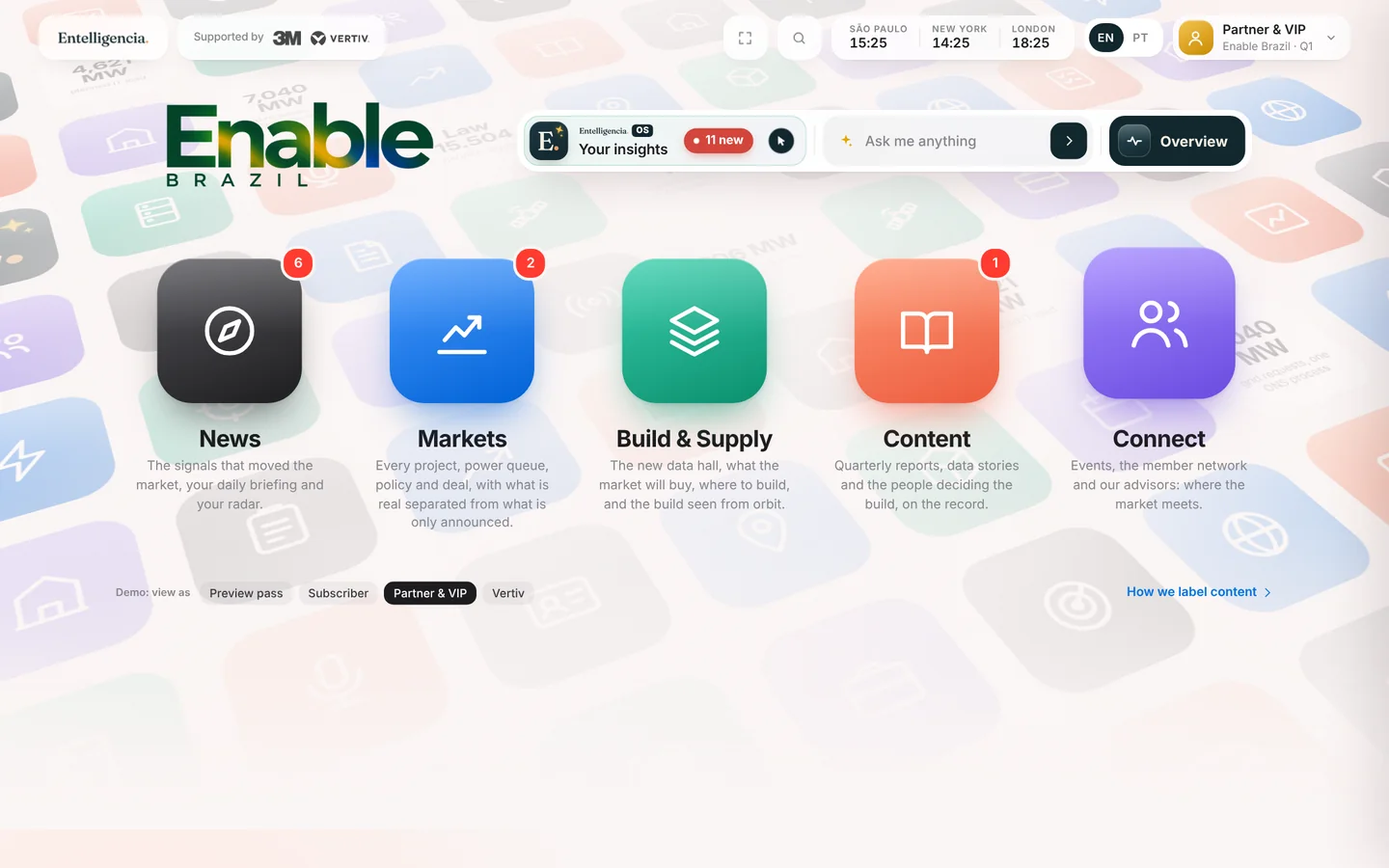 Enable Brazil on desktop: the home screen with News, Markets, Build and Supply, Content and Connect