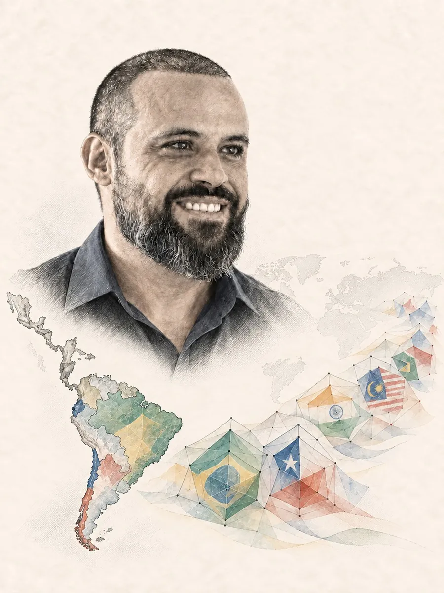 Portrait illustration of Cesar Bomfim over a map of Latin America