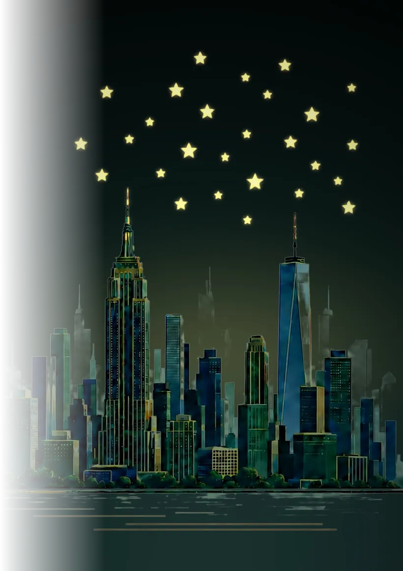 An illustrated New York skyline beneath a field of gold stars